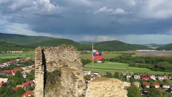 Aerial view of Slovakia flag at Divin Castle in Slovakia