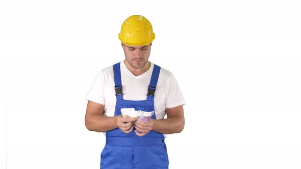 A Workman Excitedly Counting His Salary on White Background.