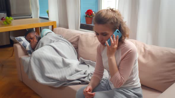 Stressed Girl Calling Doctor Consulting About Sick Husband