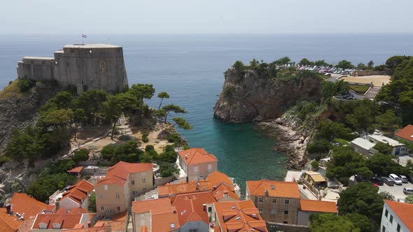 Fort Lovrijenac and Fort Bokar from Dubrovnik walls of Croatia. Fort Lovrijenac fortress in West Har