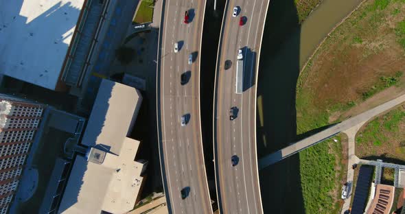 Birds eye view of cars on I-10 freeway near downtown Houston