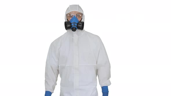 Virologist Man in Protective Costume Checking the Situation on White Background