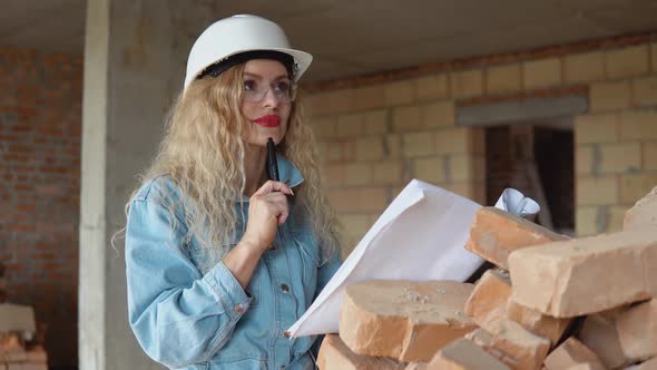 Female Architect Reads the Architectural Plan for the Construction of the House and Makes Marks in