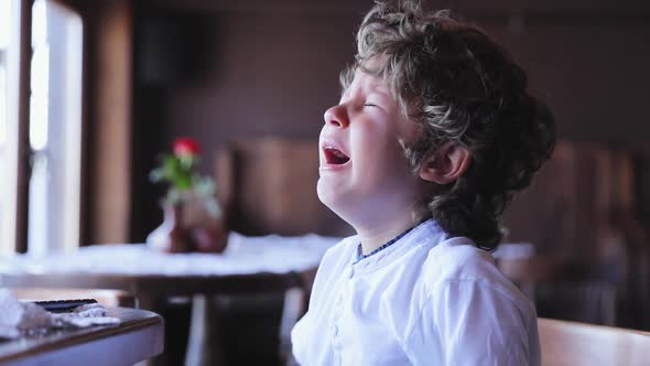 Boy Crying. Upset Little Child Cry At Cafe