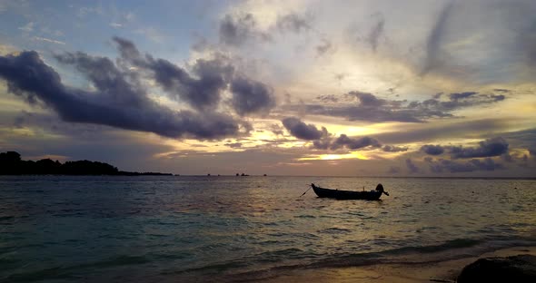 Beautiful birds eye copy space shot of a sunshine white sandy paradise beach and turquoise sea backg