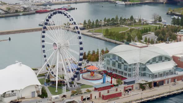Aerial of Navy pier in Lake Michigan, United States