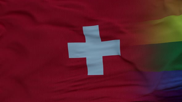 Waving National Flag of Switzerland and LGBT Rainbow Flag Background