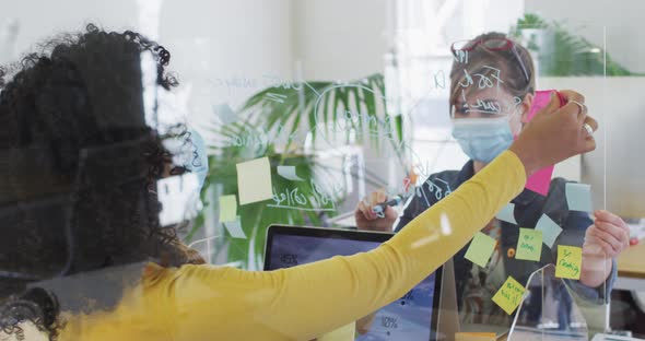 Woman wearing face mask writing on glass board on her desk at office