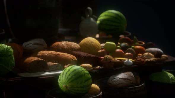 Food Table with Wine Barrels and Some Fruits, Vegetables and Bread alt