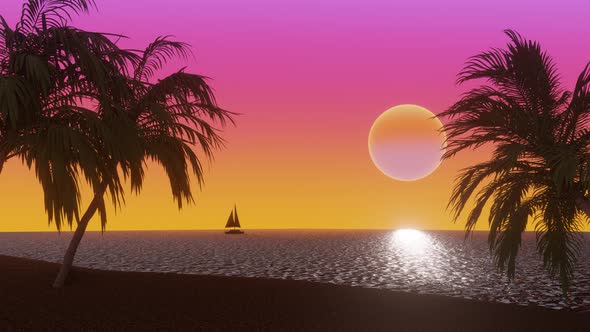 Ocean Beach with Tropical Palm Trees at Sunset