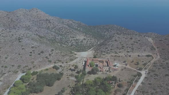 Aerial view of Gouverneto monastery in Crete, Greece. Abandoned unique location