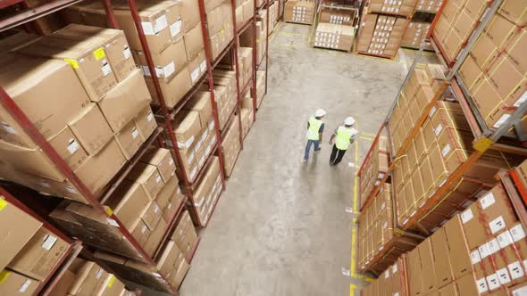 Warehouse Workers Walk Between Stacked Cardboard Boxes