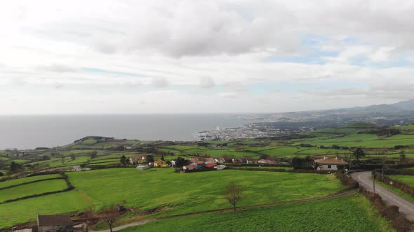 Atlantic seashore with green rural field. Aerial views of  island, Azores