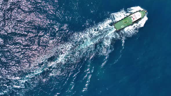 Tug Boat Sails in Port Aerial View 4 K Turkey Alanya