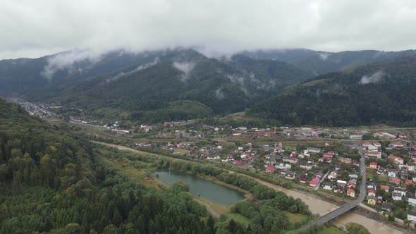 Aerial View of the Village in the Carpathian Mountains in Autumn. Ukraine