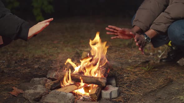 Diverse Tourists Warming Hands By Bonfire at Dusk