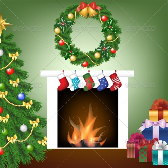 Christmas Card with Tree, Fire Place and Stockings
