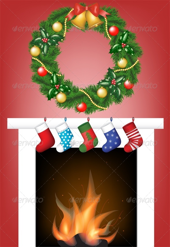 Christmas Card with Fire Place, Stockings and Wreath