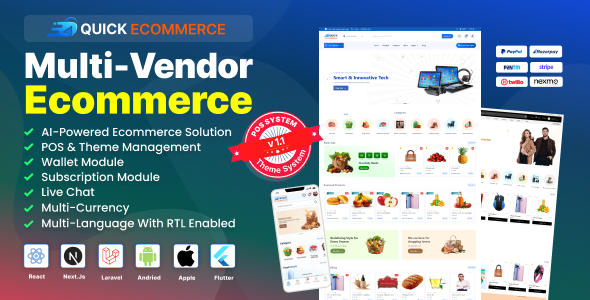 Quick eCommerce – React Multi-Vendor for Food, Grocery, Pharmacy & Pet with Customer App & Website