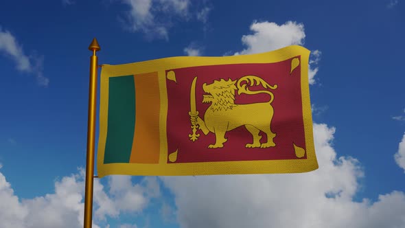 National flag of Sri Lanka waving with flagpole and blue sky timelapse