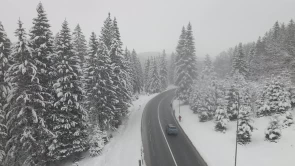 4k Aerial Shot In The Forest Over The Road In Winter