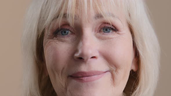 Close Up Wrinkled Female Face Portrait Smiling Mature Greyhaired Business Woman Happy Middle Aged