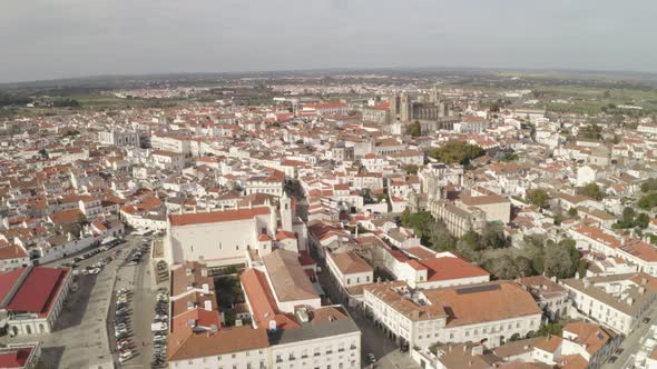 Aerial drone view of Evora city in Alentejo, Portugal