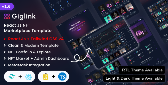Giglink - React Js NFT Marketplace Landing + Admin Dashboard Template (Javascript + Typescript)