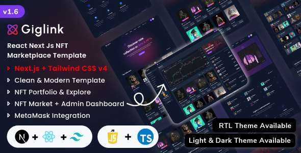 Giglink - Next Js NFT Marketplace Landing + Admin Dashboard Template(Javascript + Typescript)