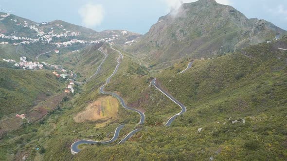 Aerial View of Traffic on a Serpentine Road in Tenerife, Spain. Canary Mountains