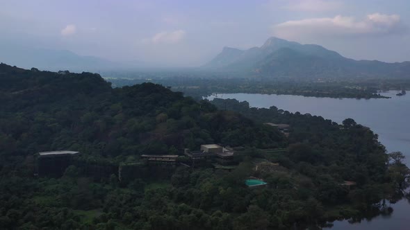 Aerial view of Sigiriya, a big lagoon with jungle in Sri Lanka