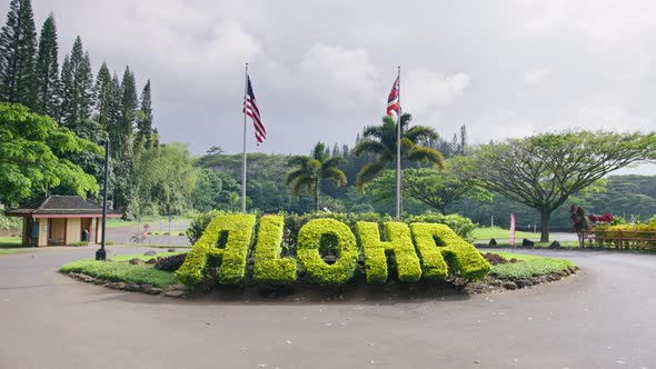 Large Green Sign ALOHA Meaning Welcome on Hawaiian Language on Hawaii Island RED