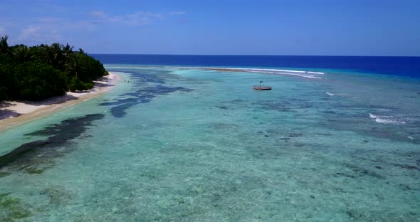 Wide fly over travel shot of a paradise sunny white sand beach and blue water background in best qua