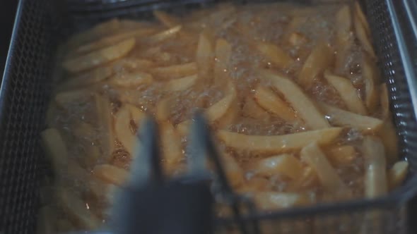 French Fries Fried in a Wire Basket in Hot Oil