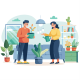 Couple watering and caring for indoor plants at home - GraphicRiver Item for Sale