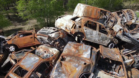 Many Shot and Burnt Cars in the City of Irpen Ukraine After the Russian Invasion During the War