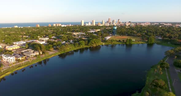 4K Aerial Tilt Video from Crescent Lake to Downtown St Petersburg Skyline