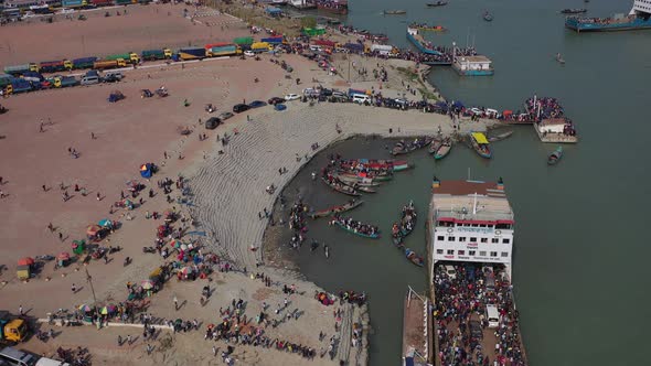 Aerial view of people waiting for ferry, Dhaka, Bangladesh,.