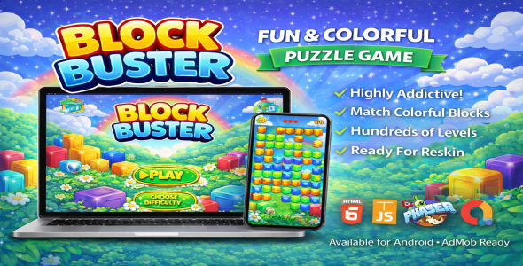 Block Buster – Premium Phaser HTML5 & Android Game with AdMob Monetization