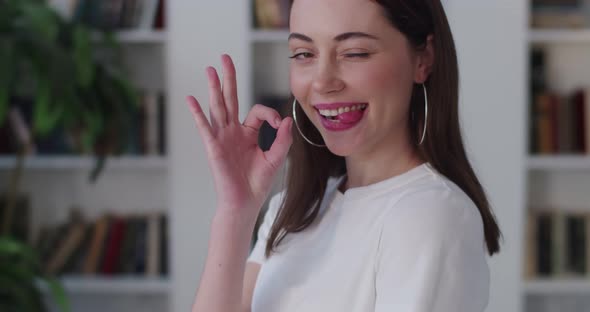 Portrait of Playful Happy Girl Demonstrating OK Sign Indoor Home Room Background