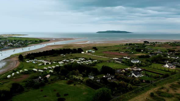 Aerial drone view over Irish coastal village