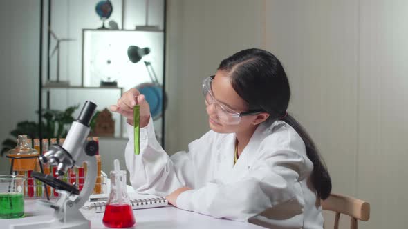 Young Scientist Girl Looking At Liquid In Test Tube