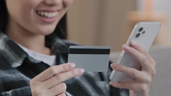 Closeup Female Hands Unknown Asian Woman Holding Bank Credit Card Mobile Phone Making Online