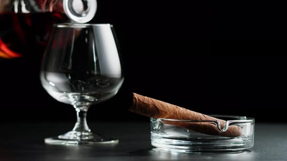 Brandy or Whiskey and Cigar Closeup