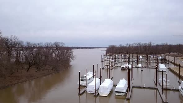 Aerial view of Louisville Kentucky boat port with motorboats and yacht docked on Ohio river (medium