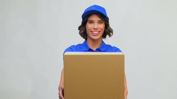 Happy Delivery Girl with Parcel Box in Blue