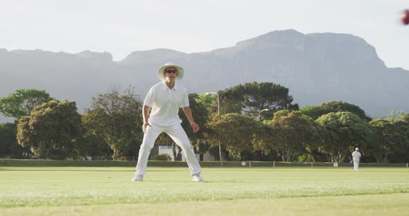 Cricket player catching the ball on the pitch