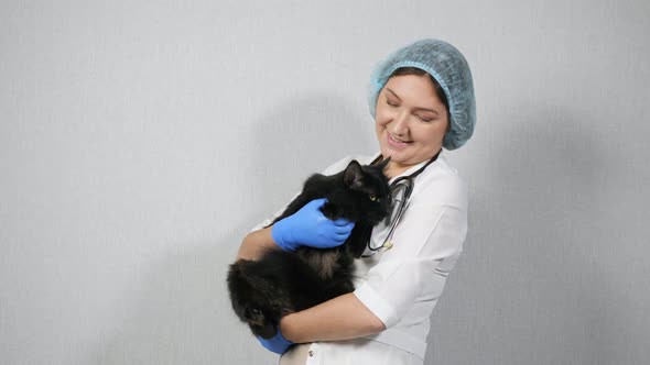 Woman Veterinarian Holding a Beautiful Black Cat in the Clinic