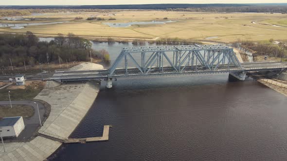 Wide Flood of the River Railway Bridge Spring Flood Aerial View