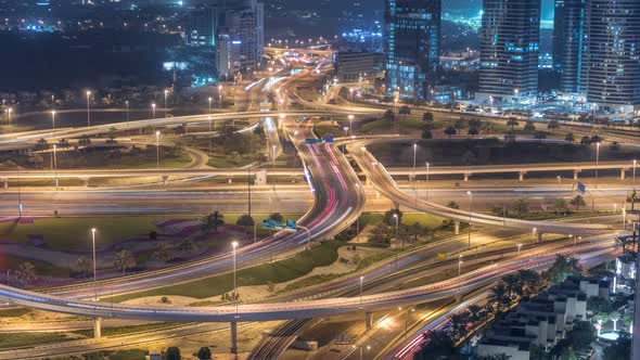 Aerial View of a Road Intersection in a Big City Night Timelapse